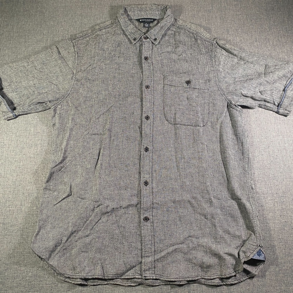 Y2K Rocawear Herringbone Short Sleeve Button Shirt Mens XL Grey Linen Rayon
